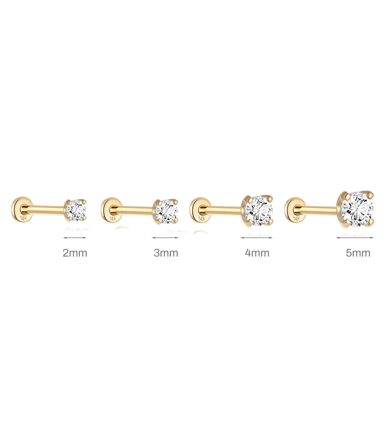 Piercing de orelha mini simples de zircão em ouro maciço 14K