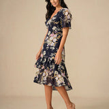 Floral Chiffon V Neck Ruffle Midi Dress