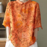 DIY Orange Print Ramie Half Sleeve Shirt Summer