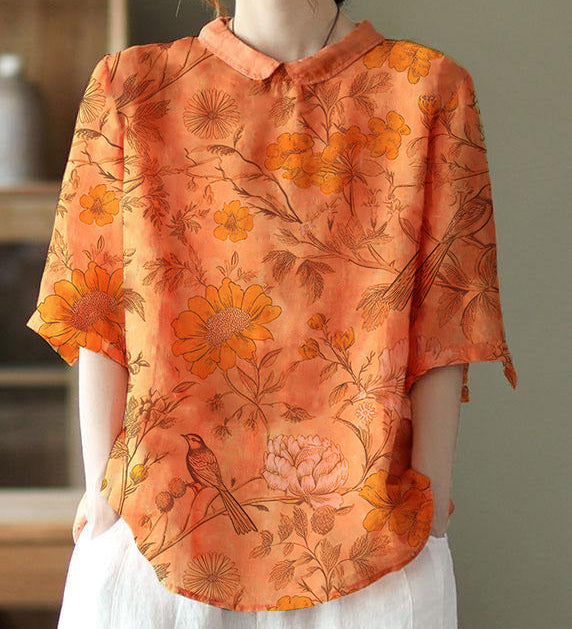 DIY Orange Print Ramie Half Sleeve Shirt Summer