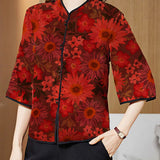 Vintage Red Mandarin Collar Print Silk Shirt Tops Half Sleeve