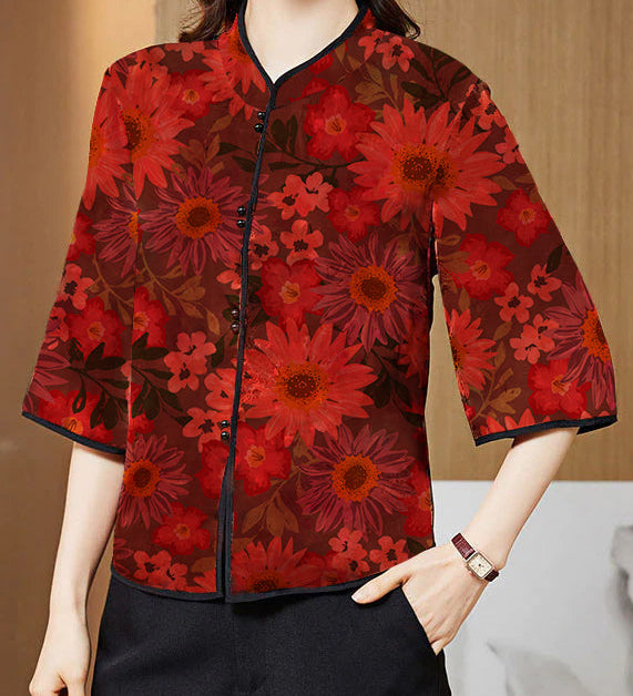 Vintage Red Mandarin Collar Print Silk Shirt Tops Half Sleeve