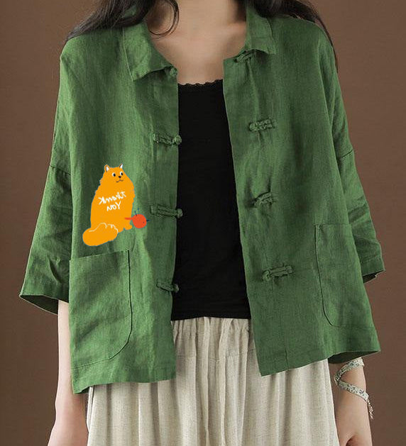 Beautiful Green Peter Pan Collar Pockets Summer Linen top