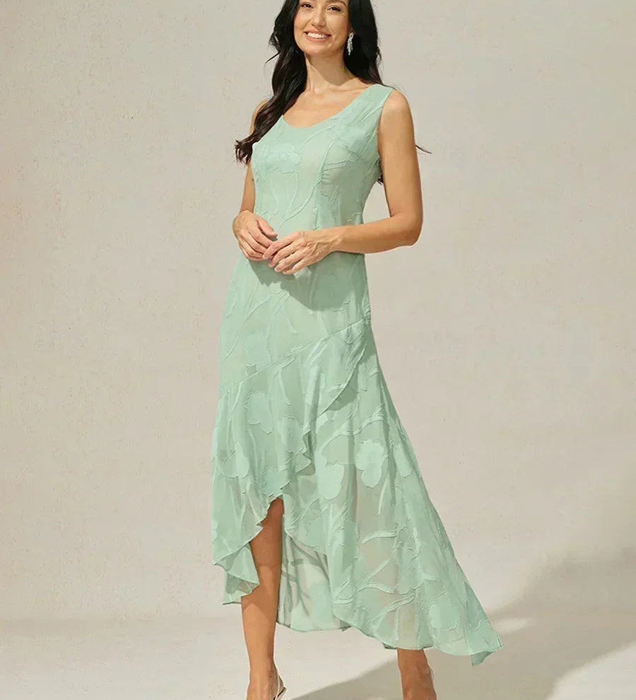 Floral Chiffon Sleeveless Evening Gown with Asymmetrical Hem