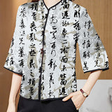 Vintage Red Mandarin Collar Print Silk Shirt Tops Half Sleeve