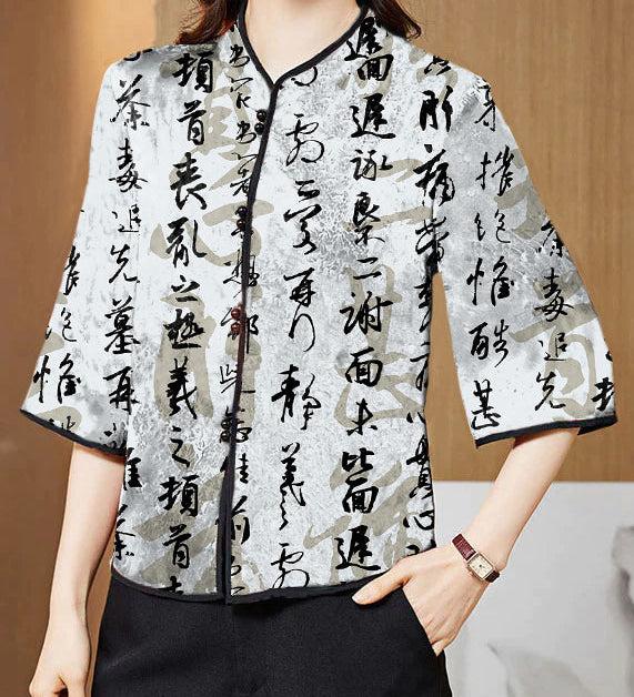 Vintage Red Mandarin Collar Print Silk Shirt Tops Half Sleeve