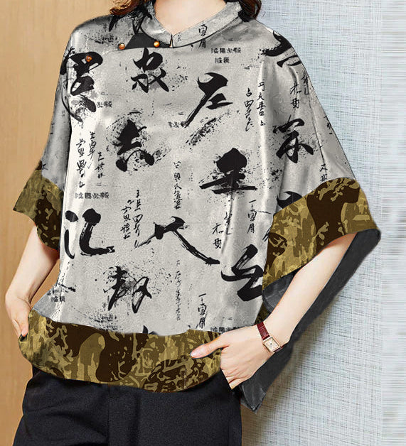 Vintage Black Mandarin Collar Asymmetrical Patchwork Jacquard Silk Shirts Batwing Sleeve