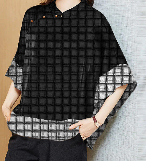 Vintage Black Mandarin Collar Asymmetrical Patchwork Jacquard Silk Shirts Batwing Sleeve