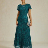 Rosette Lace A-Line Gown with Sequin Embellishment
