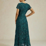 Rosette Lace A-Line Gown with Sequin Embellishment