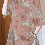 Italian Dark Blue Peter Pan Collar button Asymmetrical print Silk tops Spring