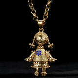 RAG DOLL PENDANT WITH 5.5MM GOLD SMOOTH BELCHER CHAIN - BLUE STONES