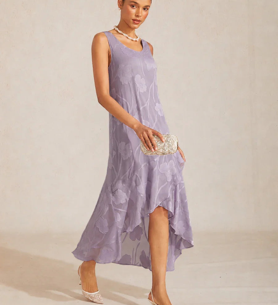 Floral Chiffon Sleeveless Evening Gown with Asymmetrical Hem