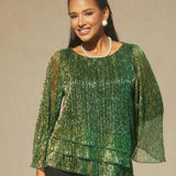 Metallic Pleated Chiffon Asymmetrical Layered Blouse