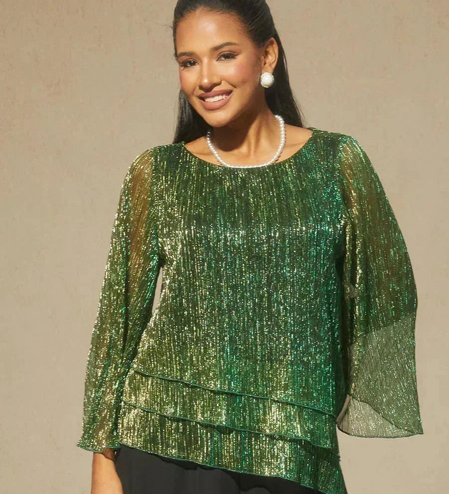 Metallic Pleated Chiffon Asymmetrical Layered Blouse