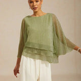Metallic Pleated Chiffon Asymmetrical Layered Blouse