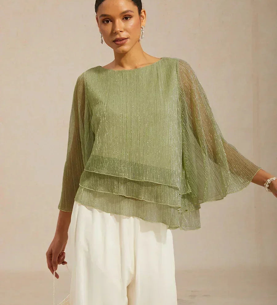 Metallic Pleated Chiffon Asymmetrical Layered Blouse