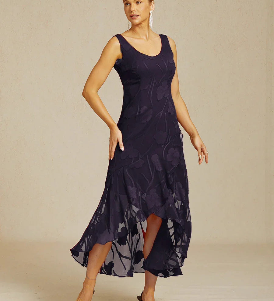 Floral Chiffon Sleeveless Evening Gown with Asymmetrical Hem