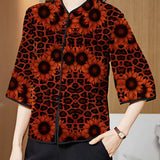 Vintage Red Mandarin Collar Print Silk Shirt Tops Half Sleeve