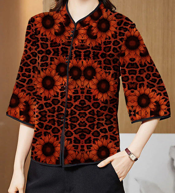 Vintage Red Mandarin Collar Print Silk Shirt Tops Half Sleeve