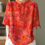 DIY Orange Print Ramie Half Sleeve Shirt Summer