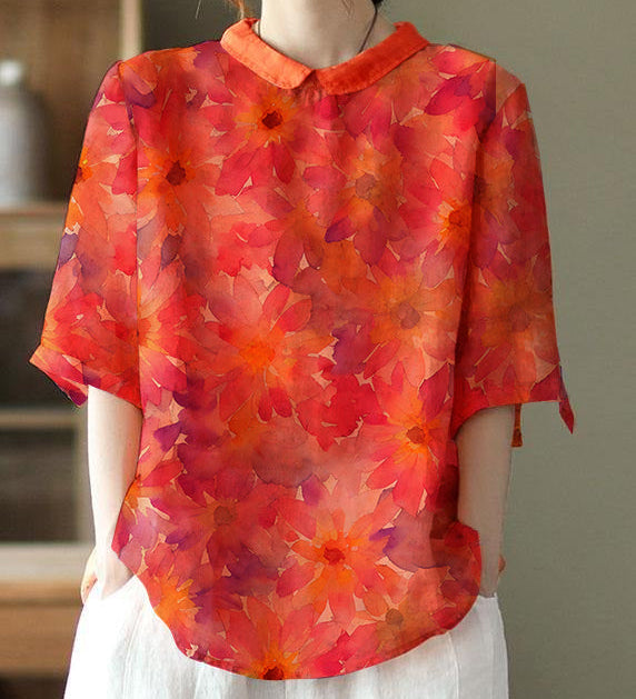 DIY Orange Print Ramie Half Sleeve Shirt Summer