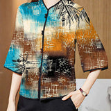 Vintage Red Mandarin Collar Print Silk Shirt Tops Half Sleeve