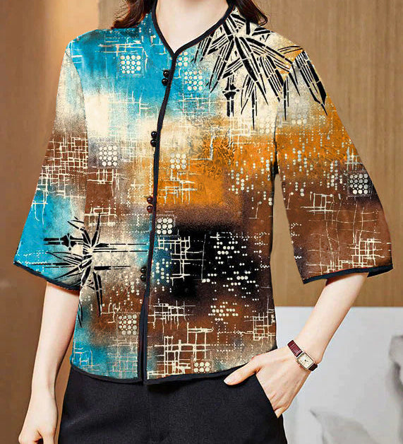 Vintage Red Mandarin Collar Print Silk Shirt Tops Half Sleeve
