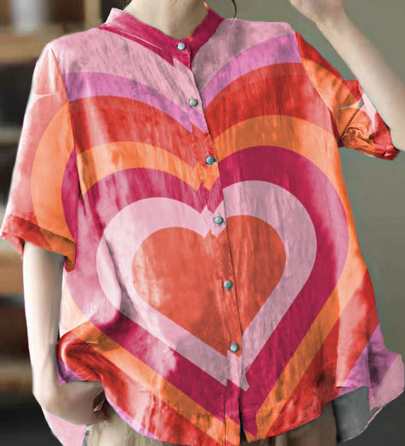 Elegant Blue Stand Collar Print Tops Half Sleeve