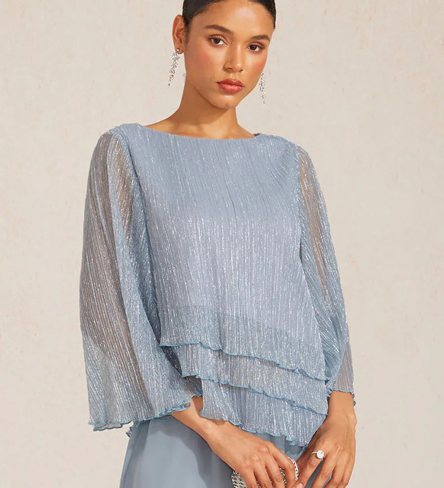 Metallic Pleated Chiffon Asymmetrical Layered Blouse