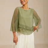 Metallic Pleated Chiffon Asymmetrical Layered Blouse