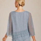 Metallic Pleated Chiffon Asymmetrical Layered Blouse