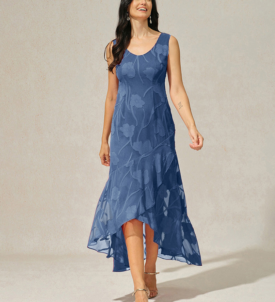 Floral Chiffon Sleeveless Evening Gown with Asymmetrical Hem