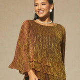 Metallic Pleated Chiffon Asymmetrical Layered Blouse