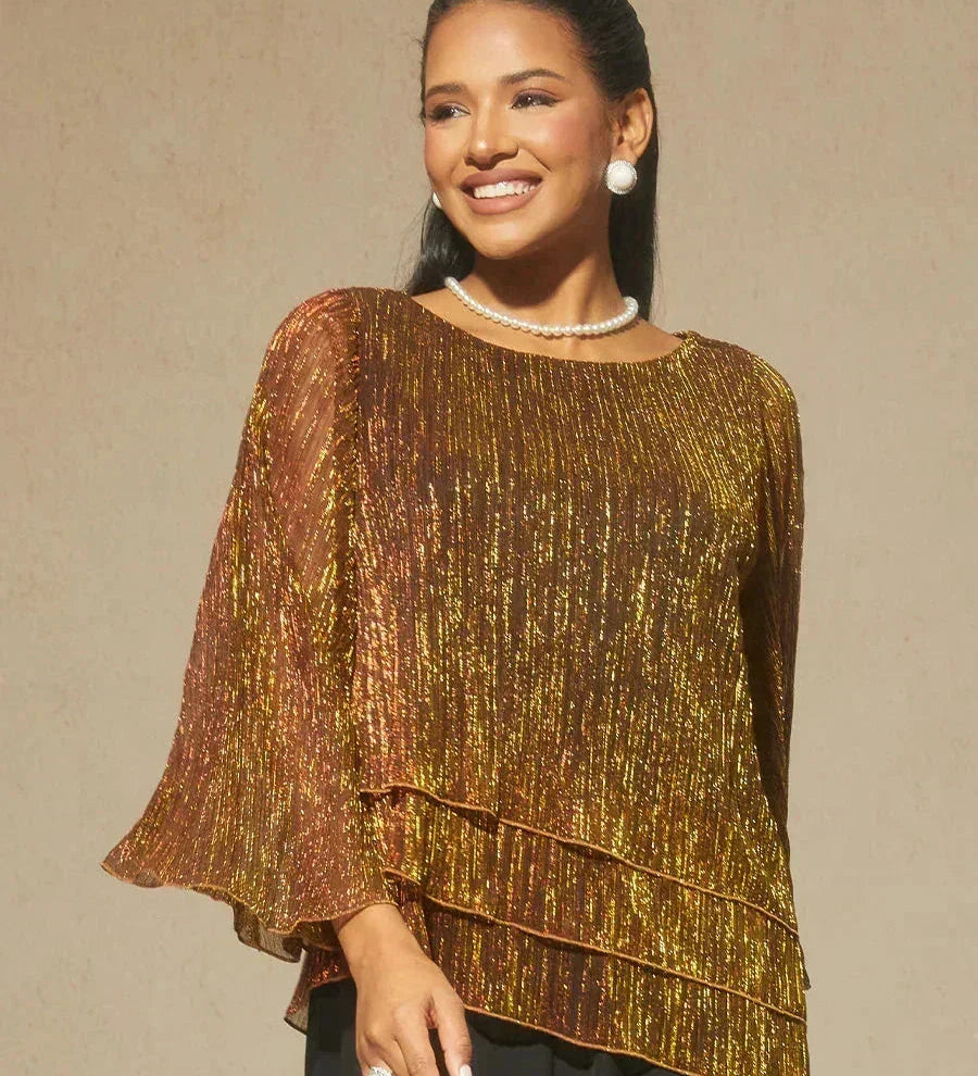 Metallic Pleated Chiffon Asymmetrical Layered Blouse