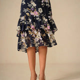 Floral Chiffon V Neck Ruffle Midi Dress