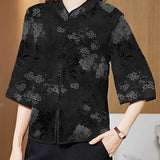 Vintage Red Mandarin Collar Print Silk Shirt Tops Half Sleeve