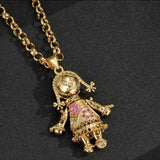 RAG DOLL PENDANT WITH A GOLD SMOOTH BELCHER CHAIN - PINK & RED STONES
