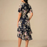 Floral Chiffon V Neck Ruffle Midi Dress
