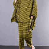 Casual Plus Size Cotton Linen red Plaid Vintage Blouse And Pants Two Pieces Set(Limited Stock)