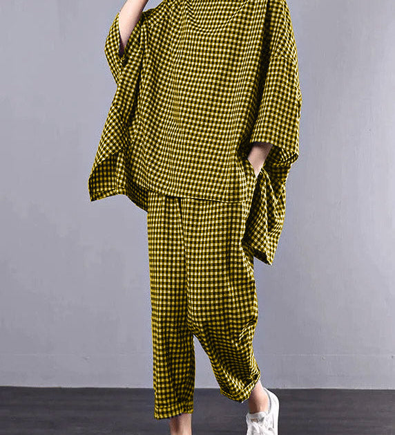 Casual Plus Size Cotton Linen red Plaid Vintage Blouse And Pants Two Pieces Set(Limited Stock)