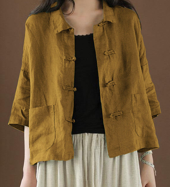 Beautiful Green Peter Pan Collar Pockets Summer Linen top