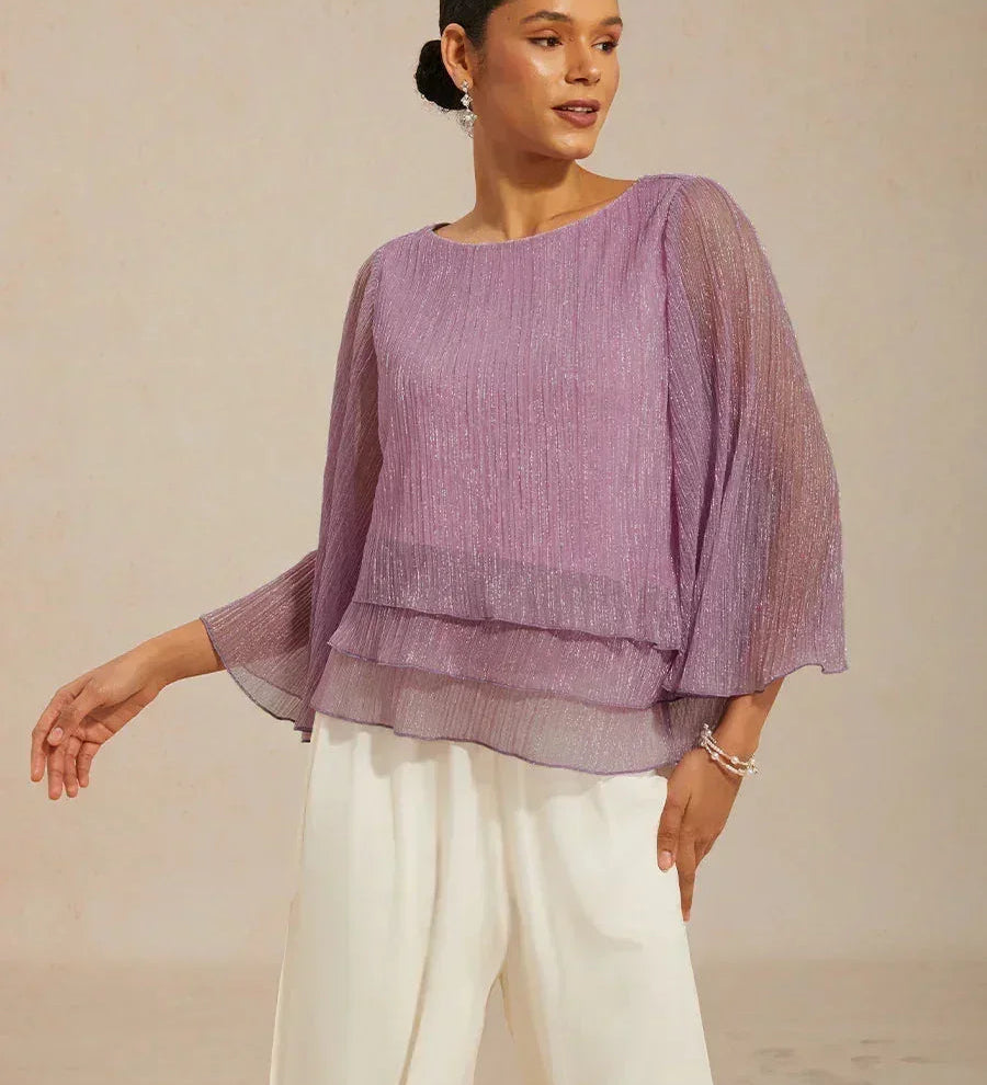 Metallic Pleated Chiffon Asymmetrical Layered Blouse