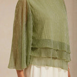 Metallic Pleated Chiffon Asymmetrical Layered Blouse
