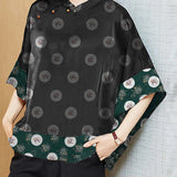 Vintage Black Mandarin Collar Asymmetrical Patchwork Jacquard Silk Shirts Batwing Sleeve
