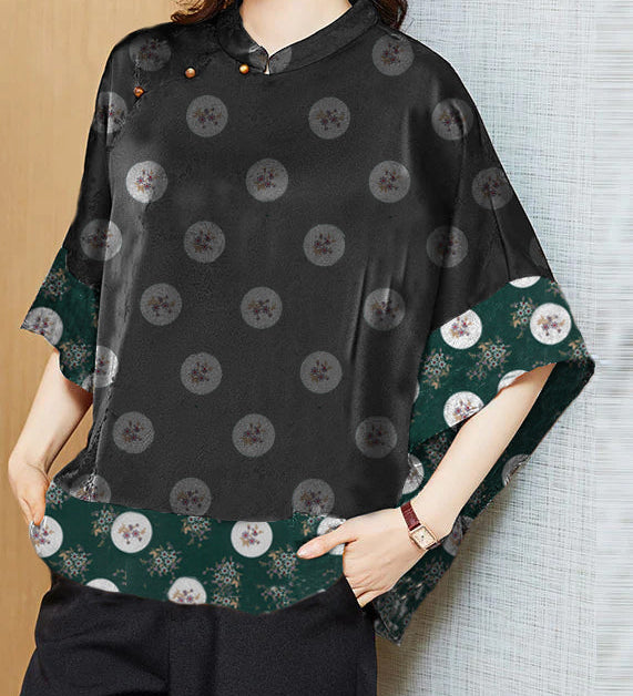 Vintage Black Mandarin Collar Asymmetrical Patchwork Jacquard Silk Shirts Batwing Sleeve