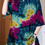 Italian Dark Blue Peter Pan Collar button Asymmetrical print Silk tops Spring
