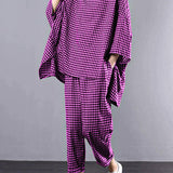 Casual Plus Size Cotton Linen red Plaid Vintage Blouse And Pants Two Pieces Set(Limited Stock)