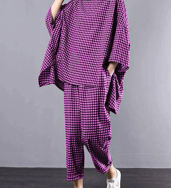 Casual Plus Size Cotton Linen red Plaid Vintage Blouse And Pants Two Pieces Set(Limited Stock)