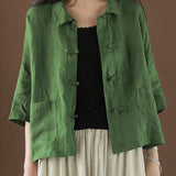 Beautiful Green Peter Pan Collar Pockets Summer Linen top